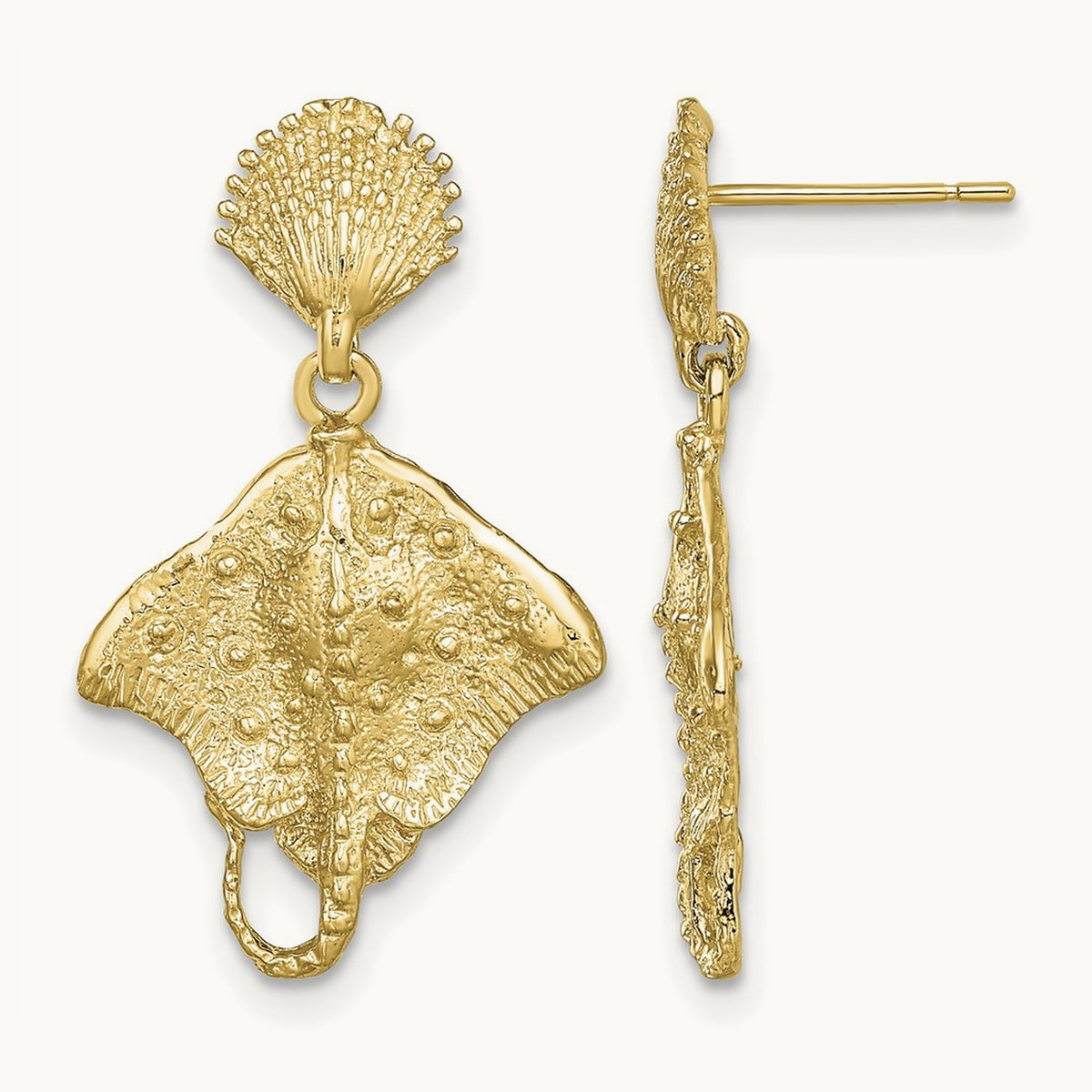 Shell and Stingray Post Dangle Earrings, 14K