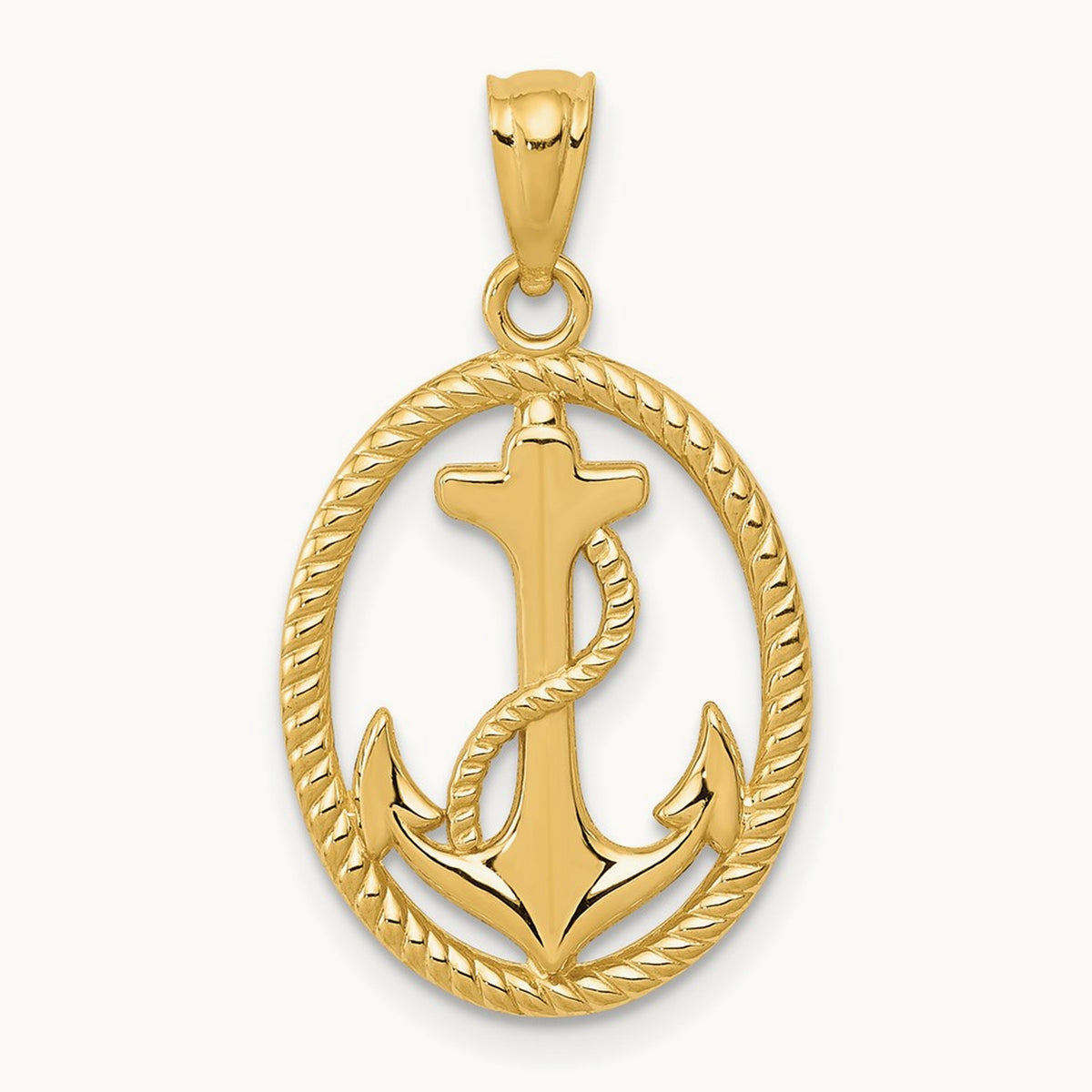 Polished Anchor w/Rope Oval Pendant, 14K Gold