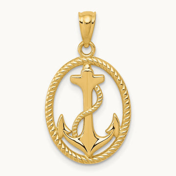Polished Anchor w/Rope Oval Pendant, 14K Gold