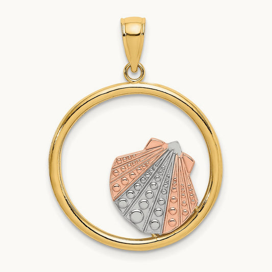 w/White Rhodium Scallop Shell In Circle Charm, 14K Two-tone