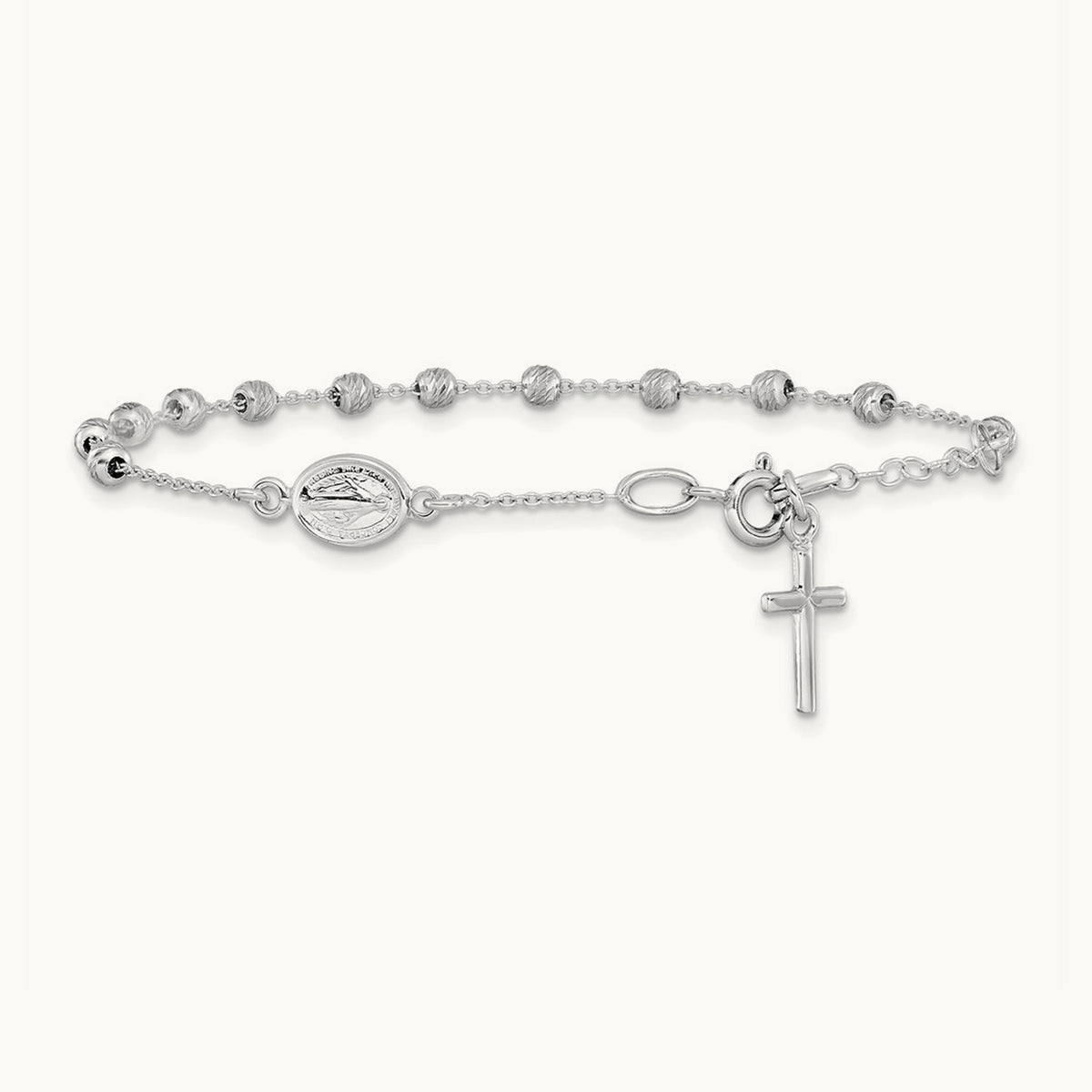 D/C Cross and Miraculous Medal .75in ext. Bracelet, 14K White Gold
