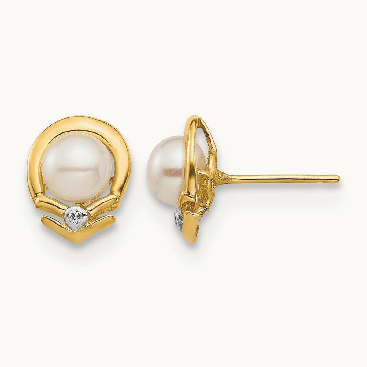 5- White Button FW Cultured Pearl .02ct Diamond Post Earrings, 14K