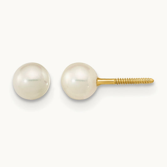 Madi K 4- White Near Round FWCPearl Stud Post Screwback Earrings, 5mm, 14K