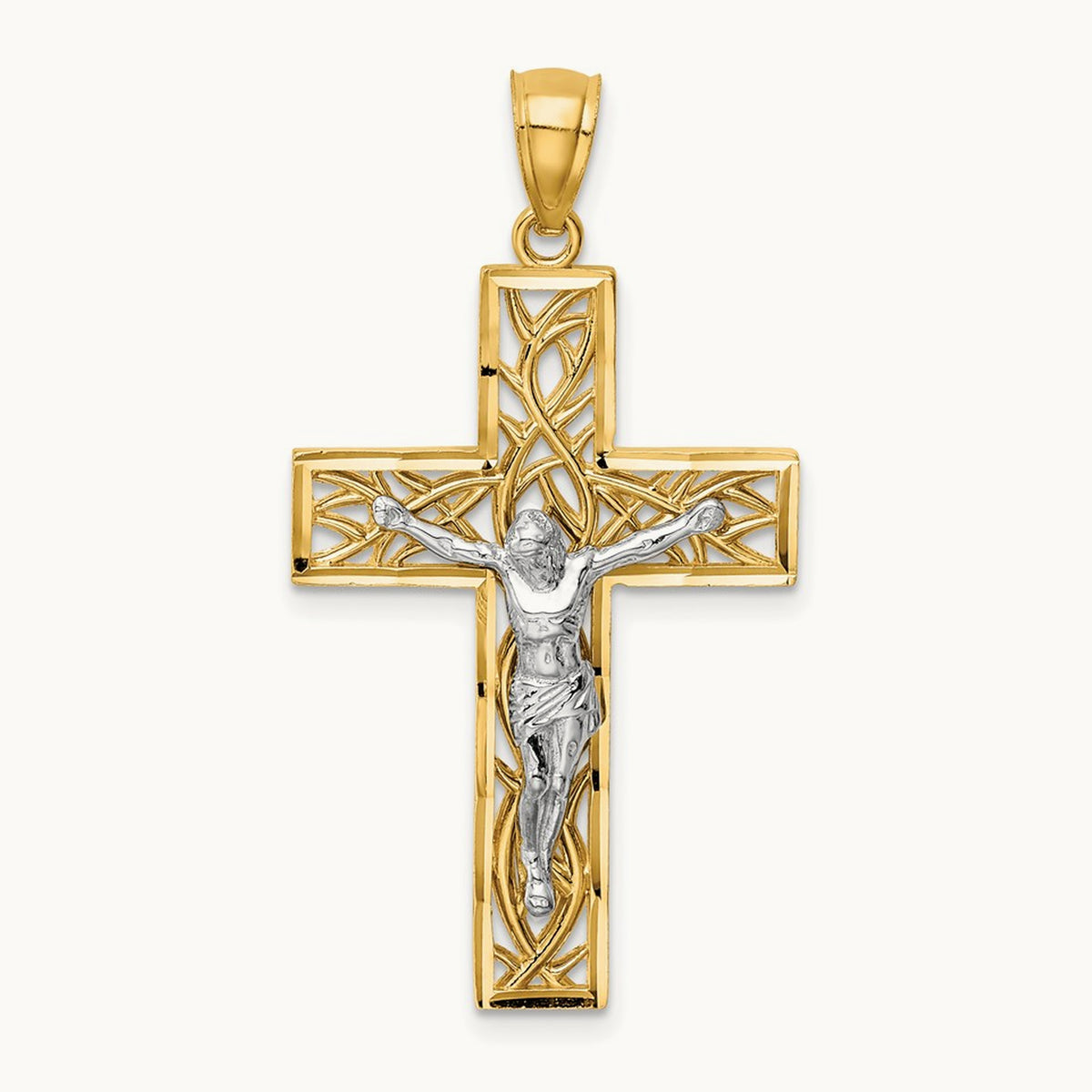 Satin Polished D/C Crucifix W/Vines Pendant, 14K Two-tone