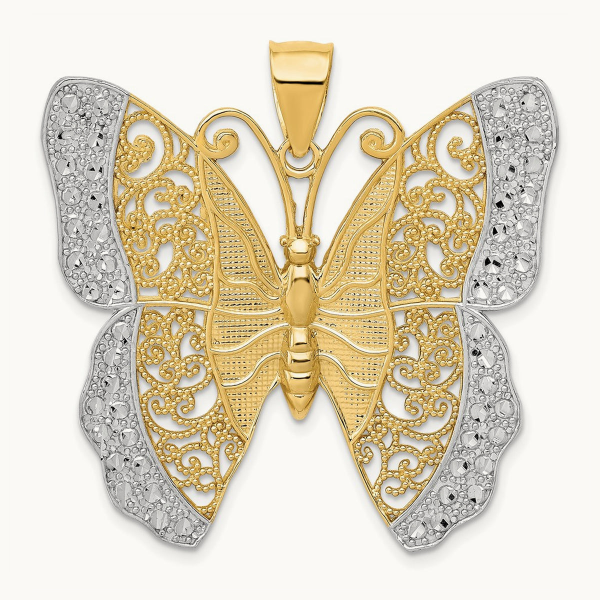 w/ Rhodium Solid Polished Diamond-cut Filigree Butterfly Pendant, 14K