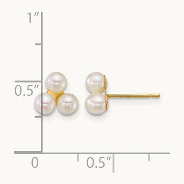 3- Button White Freshwater Cultured 3 Pearl Post Earrings, 4mm, 14K