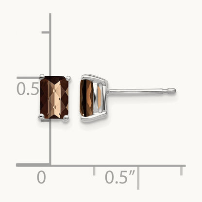 6x4mm Octagon Checker-Cut Smoky Quartz Earrings, 14K White Gold