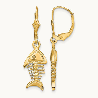 3-D Fishbone Leverback Earrings, 14K