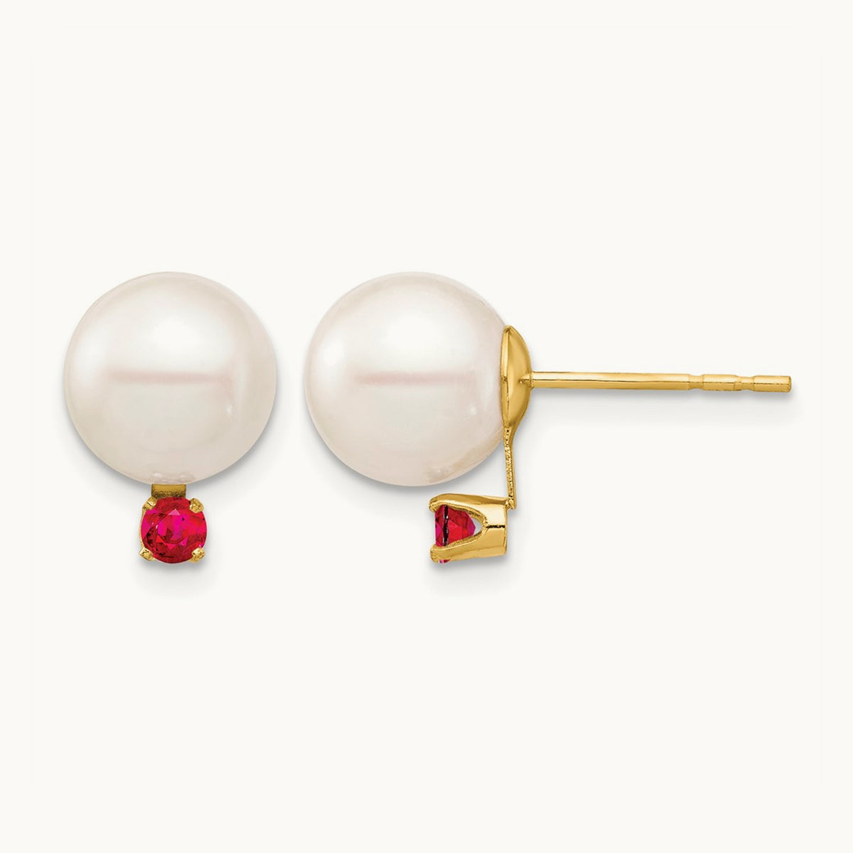 8- White Round Freshwater Cultured Pearl Ruby Post Earrings, 8.5mm, 14K