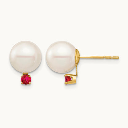 8- White Round Freshwater Cultured Pearl Ruby Post Earrings, 8.5mm, 14K