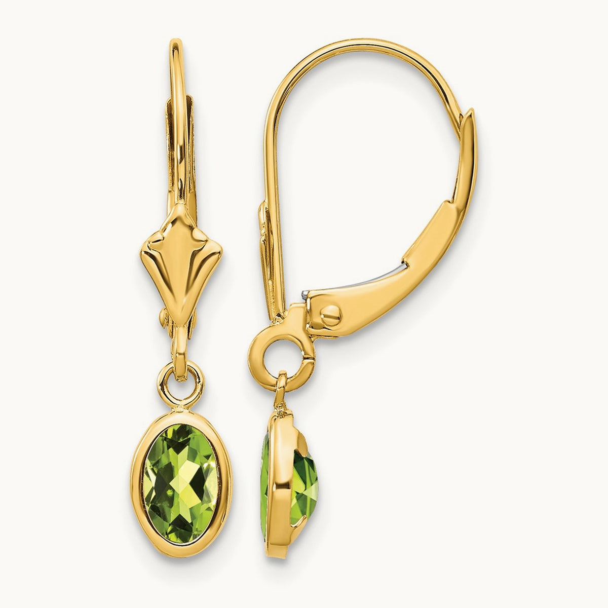 6x4 Oval Bezel August/Peridot Leverback Earrings — 14K Yellow Gold