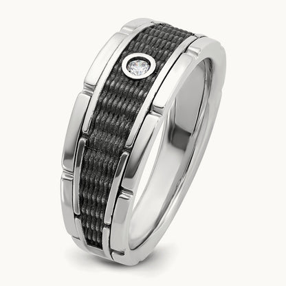 w/ Blk RH IBGoodman Men's Polished & Textured Diamond Ring, 14K White Gold