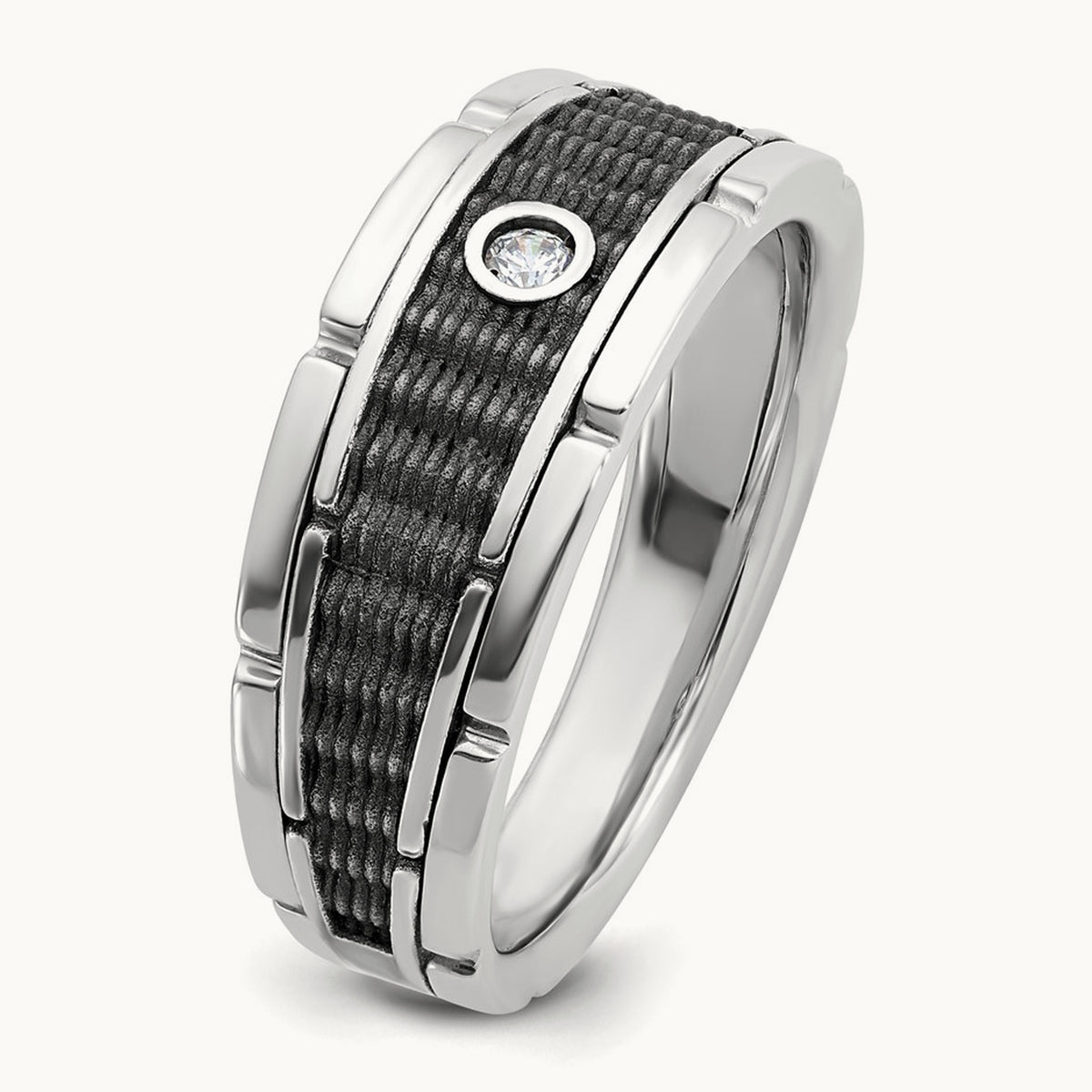w/ Blk RH IBGoodman Men's Polished & Textured Diamond Ring, 14K White Gold