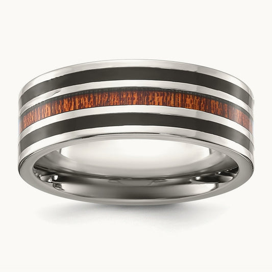 Polished with Black Resin and Wood Inlay Band, 8mm, Titanium