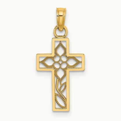 Flower In Cross Charm, 14K