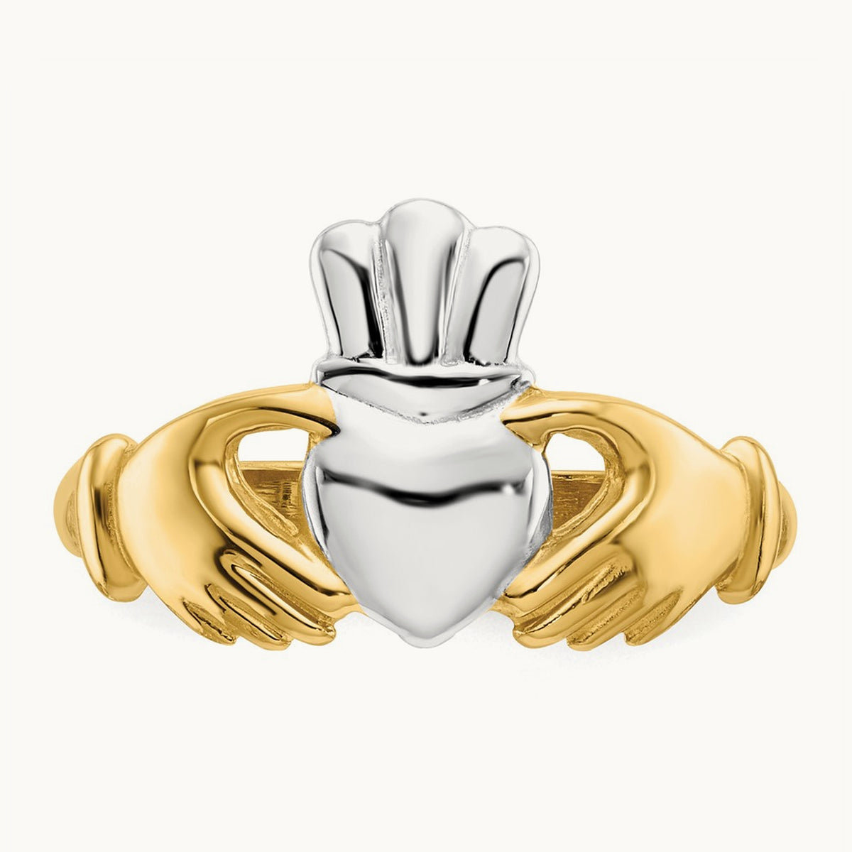 Polished and Rhodium Claddagh Ring, 14K