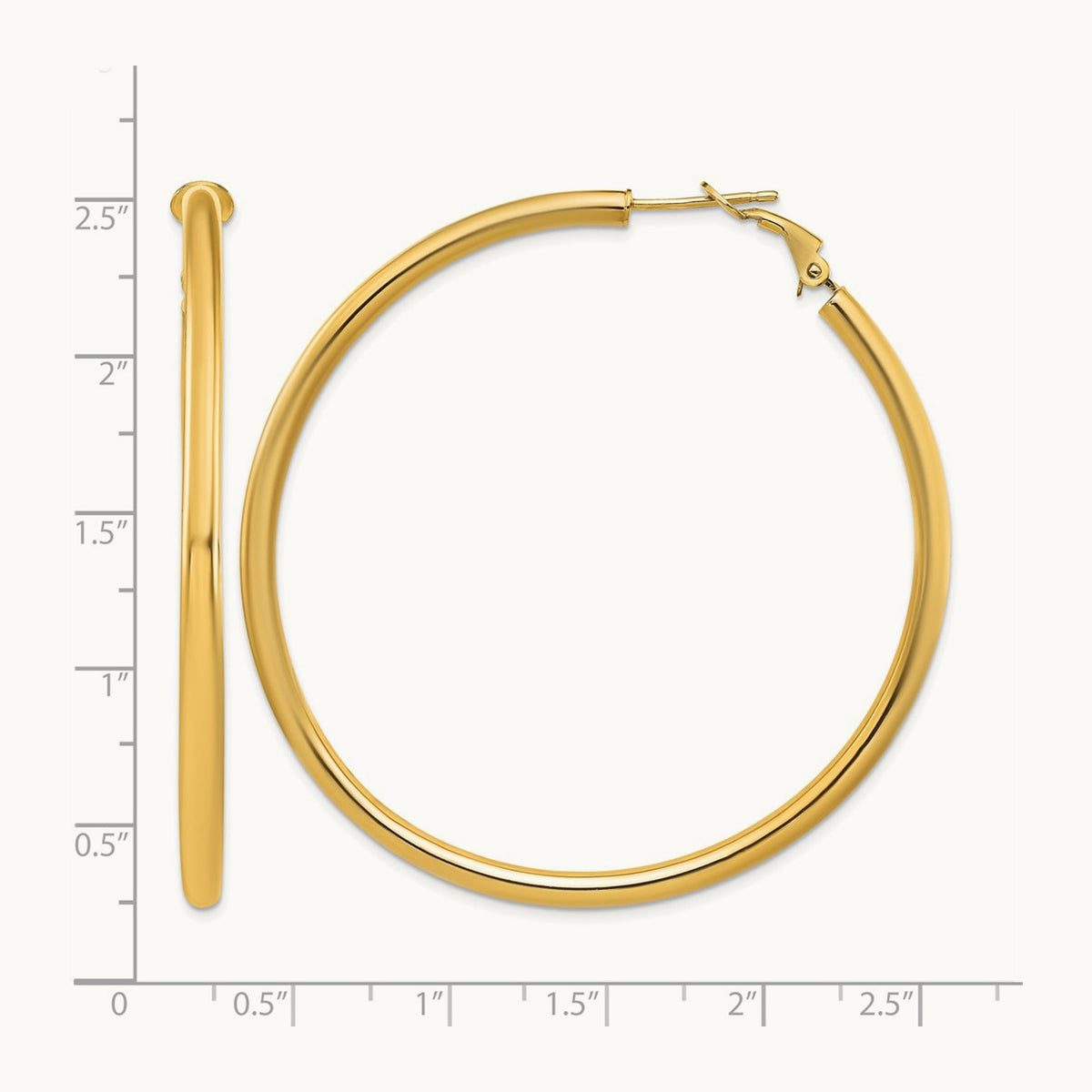 Polished Round Omega Back Hoop Earrings — 14K Yellow Gold, 3x57mm