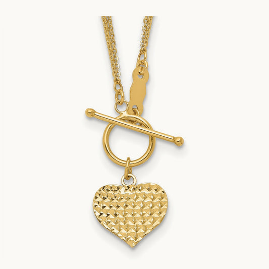 Polished 3-Strand D/C Heart Toggle Necklace, 14K