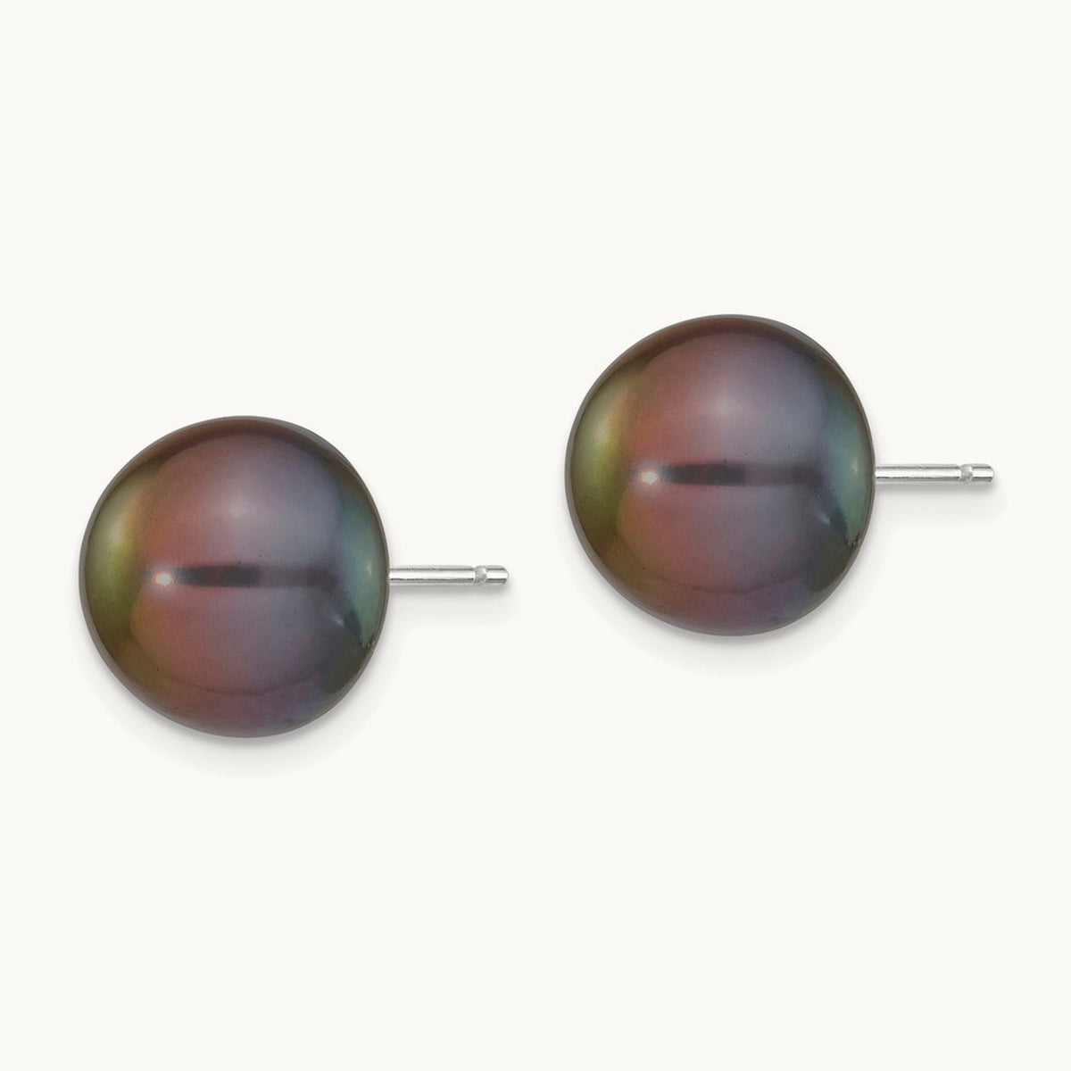 Black Button Freshwater Cultured Pearl Stud Post Earrings — 14K White Gold