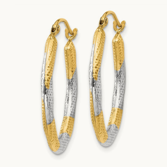 & Rhodium Textured Hollow Oval Hoop Earrings, 14K