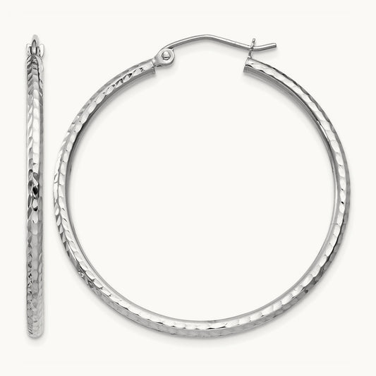 Diamond-cut Round Tube Hoop Earrings — 14K White Gold