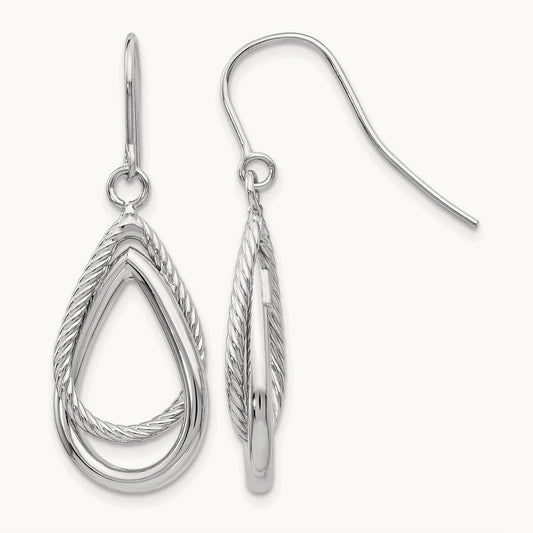 Polished and Textured Teardrop Shepherd Hook Earrings — 14K White Gold