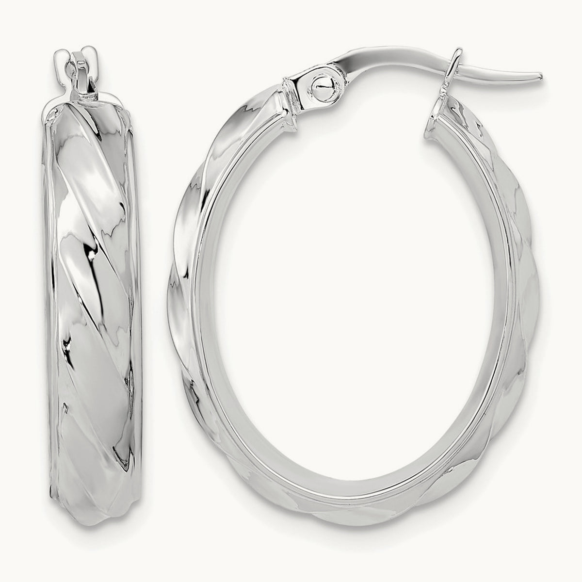 Polished and Twisted Oval Hoop Earrings — 14K White Gold
