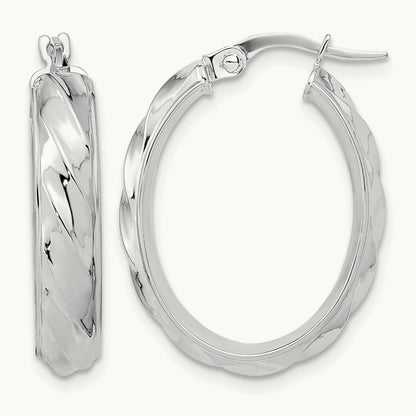 Polished and Twisted Oval Hoop Earrings — 14K White Gold