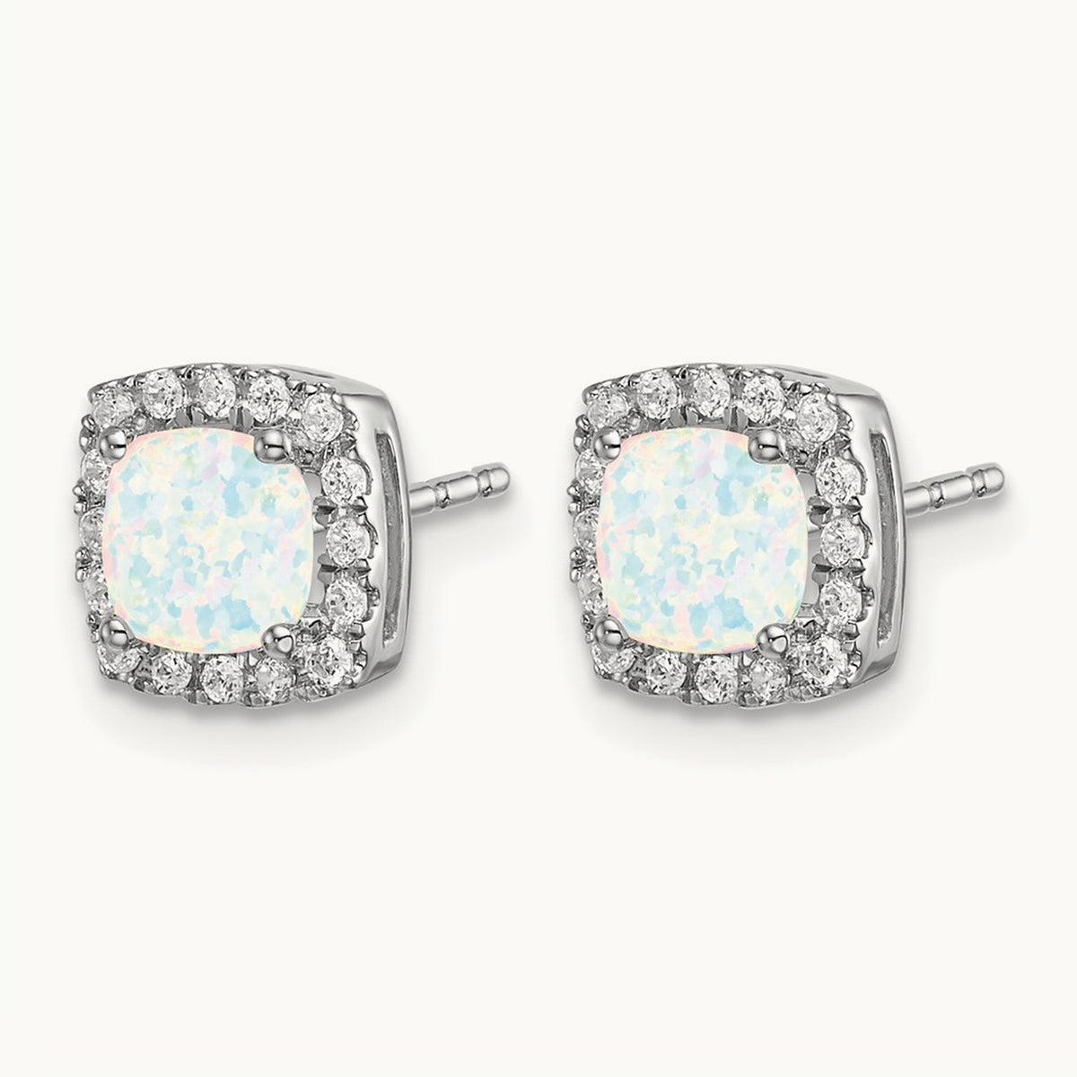 Cushion Created Opal and Diamond Halo Earrings, 14K White Gold