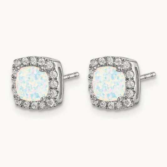 Cushion Created Opal and Diamond Halo Earrings, 14K White Gold