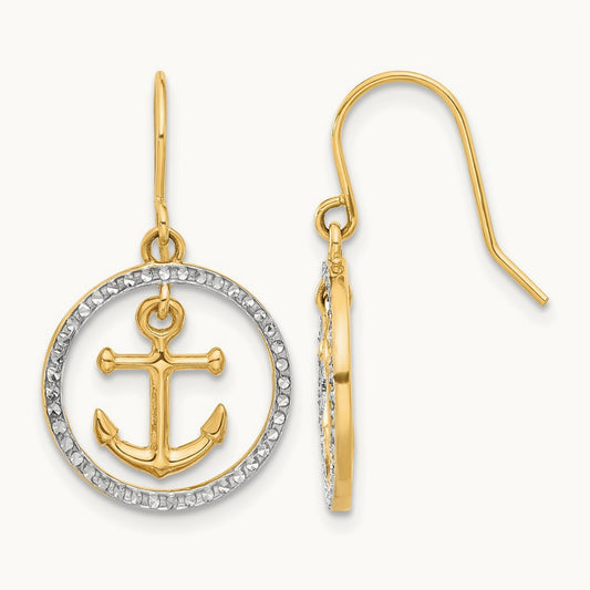 D/C Anchor Dangle in Circle Dangle Earrings, 14K with White Rhodium