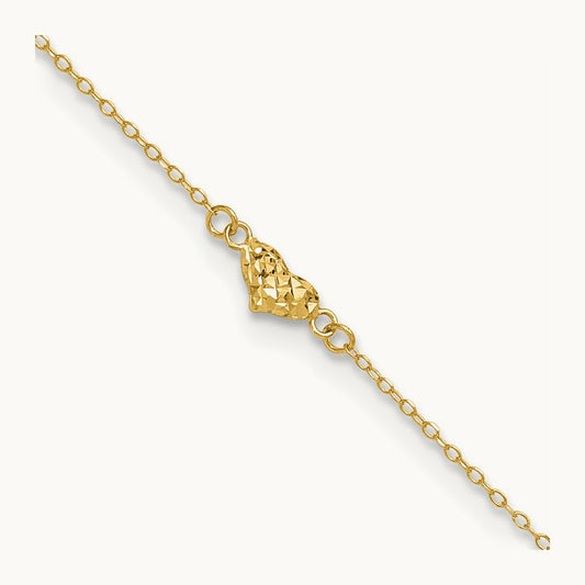Polished Diamond-cut Triple Puffed Hearts 10in Plus 1in. Ext. Anklet, 14K