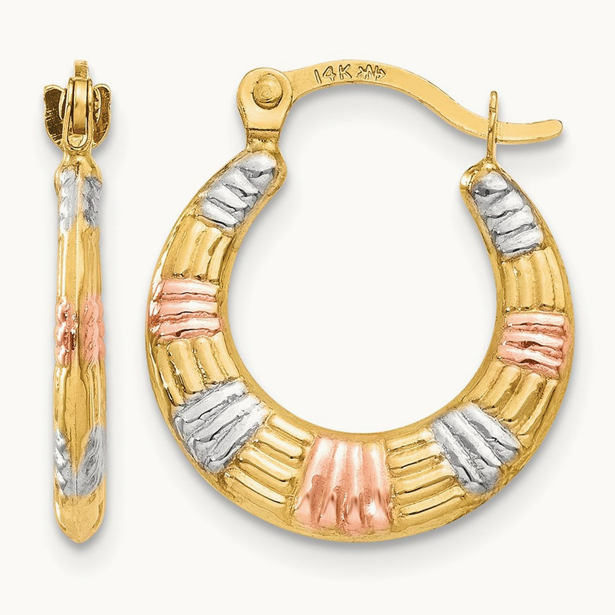 & White and Rose Rhodium Hollow Textured Hoop Earrings, 14K