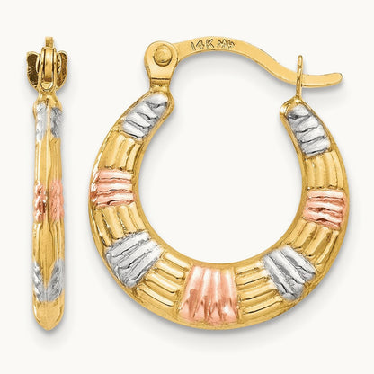 & White and Rose Rhodium Hollow Textured Hoop Earrings, 14K