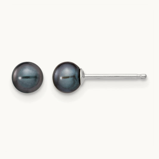 4- Black Round FW Cultured Pearl Stud Post Earrings, 5mm, 14K White Gold