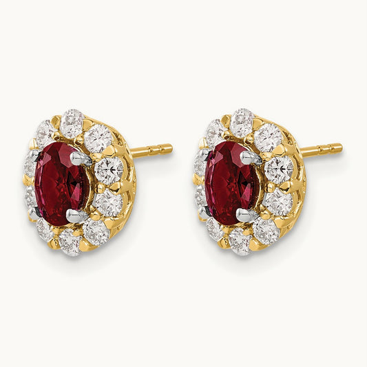 Oval Created Ruby Halo Post Earrings, 0.75 ct tw Lab-Grown Diamond