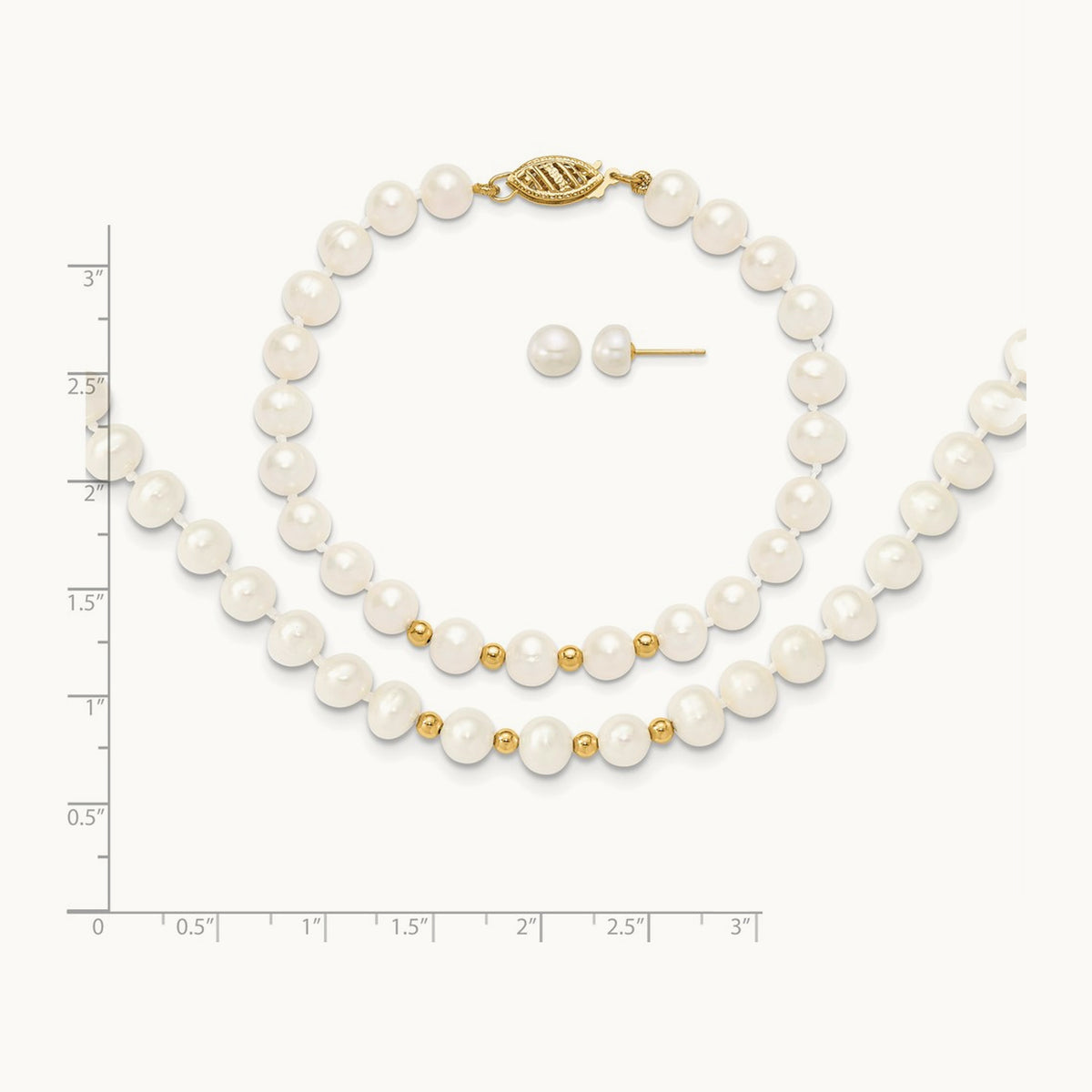 6- White FW Cultured Pearl 18in. Necklace 7.25 Bracelet Earring Set, 7mm, 14K