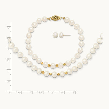 6- White FW Cultured Pearl 18in. Necklace 7.25 Bracelet Earring Set, 7mm, 14K