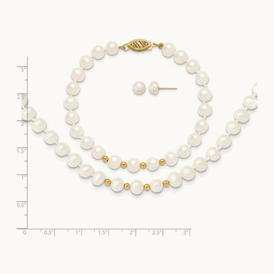 6- White FW Cultured Pearl 18in. Necklace 7.25 Bracelet Earring Set, 7mm, 14K