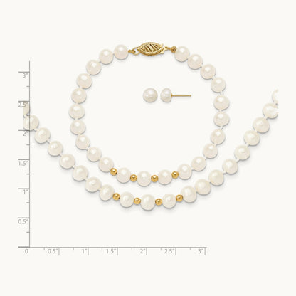 6- White FW Cultured Pearl 18in. Necklace 7.25 Bracelet Earring Set, 7mm, 14K