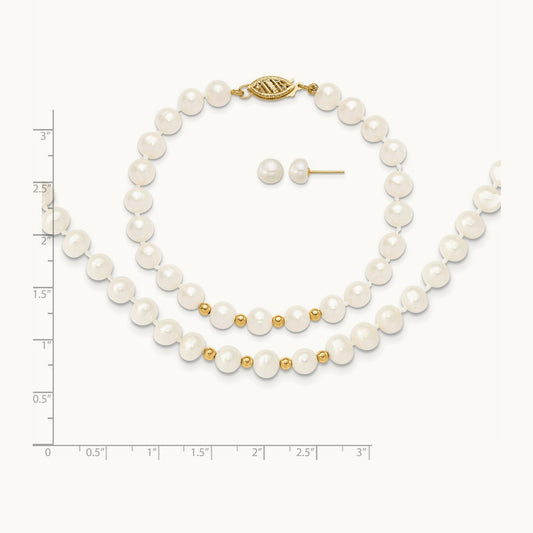 6- White FW Cultured Pearl 18in. Necklace 7.25 Bracelet Earring Set, 7mm, 14K