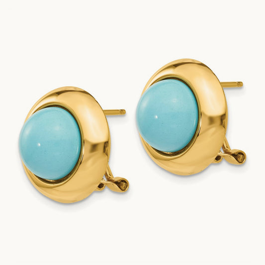 Omega Clip Reconstituted Turquoise Earrings, 14K