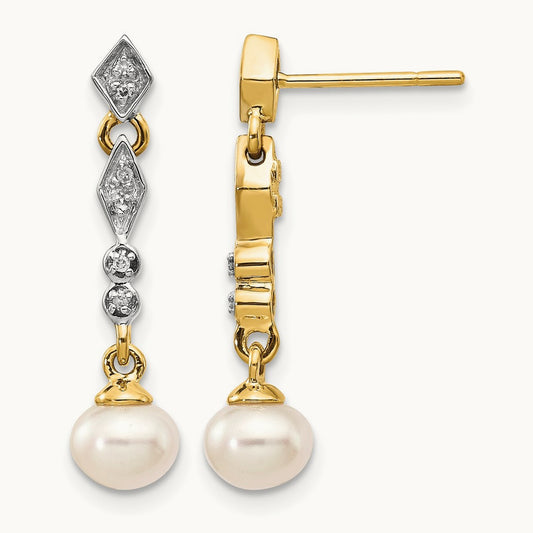 w/Rhodium 5- Semi-round FWC Pearl .04ct Diamond Earrings, 6mm, 14K