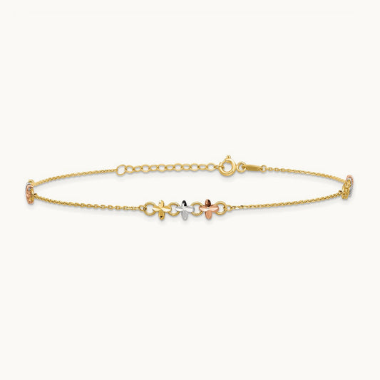 w/White Rhod Flowers 9in Plus 1in ext Anklet, 14K Two-tone