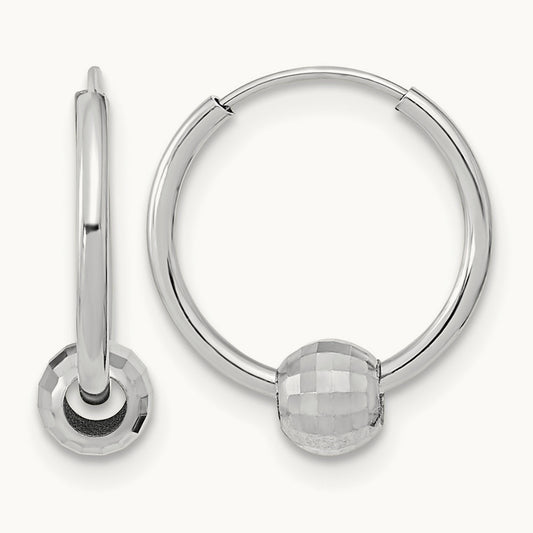 Polished Hoop with a Diamond Cut Ball Earrings — 14K White Gold