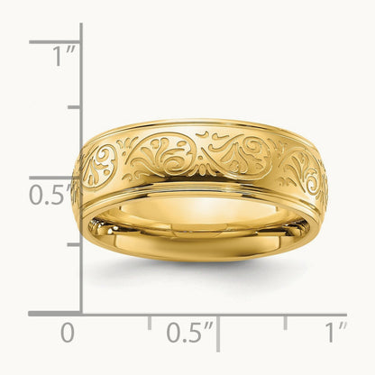 Polished Yellow IP Etched Design Ridged Edge Band, 7.5mm, Stainless Steel