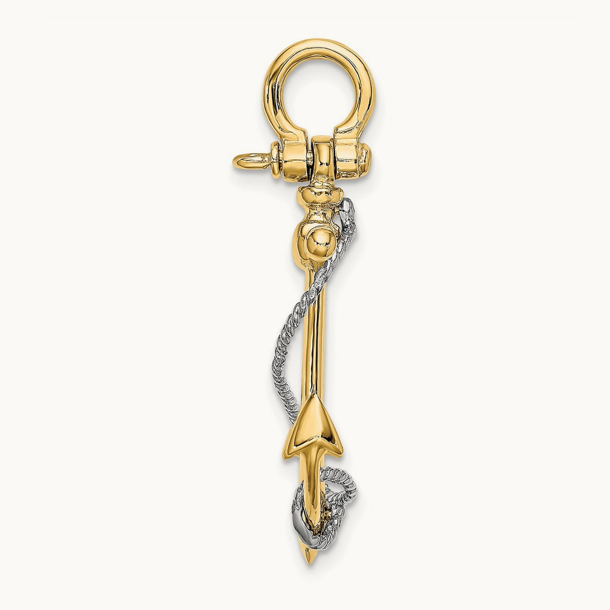 3-D Anchor w/T Bar and Rope w/Shackle Bail Charm, 14K Two-tone