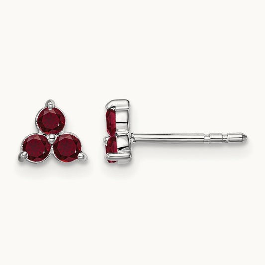 3-stone Created Ruby Triangle Earrings, 14K White Gold