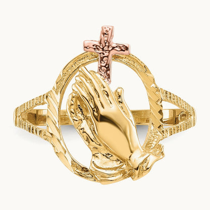 Diamond Cut Praying Hands Cross Ring, 14K Two-tone