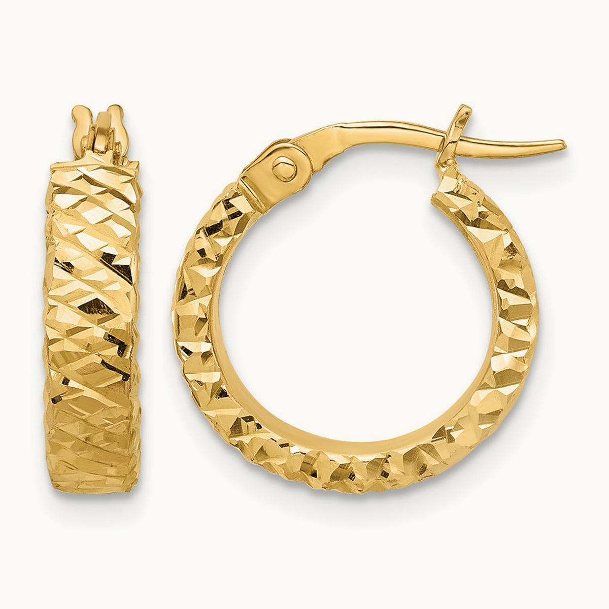 Polished Diamond Cut Hoop Earrings, 14K